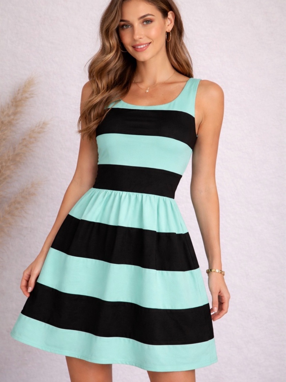 B Darlin Mint and Black Striped Sleeveless Fit-and-Flare Dress